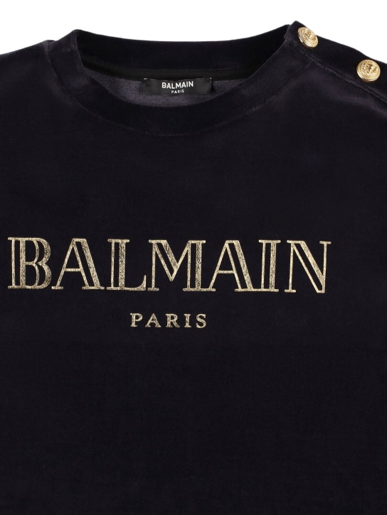 Balmain: Cotton blend velvet crewneck sweatshirt - Blue/Gold - kids-boys_1 | Luisa Via Roma
