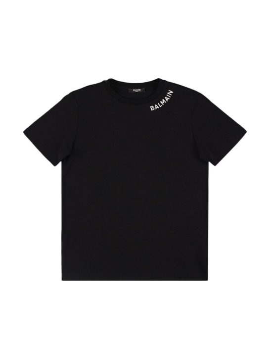 Balmain: T-Shirt aus Baumwolljersey mit Logo - Schwarz/Weiß - kids-girls_0 | Luisa Via Roma