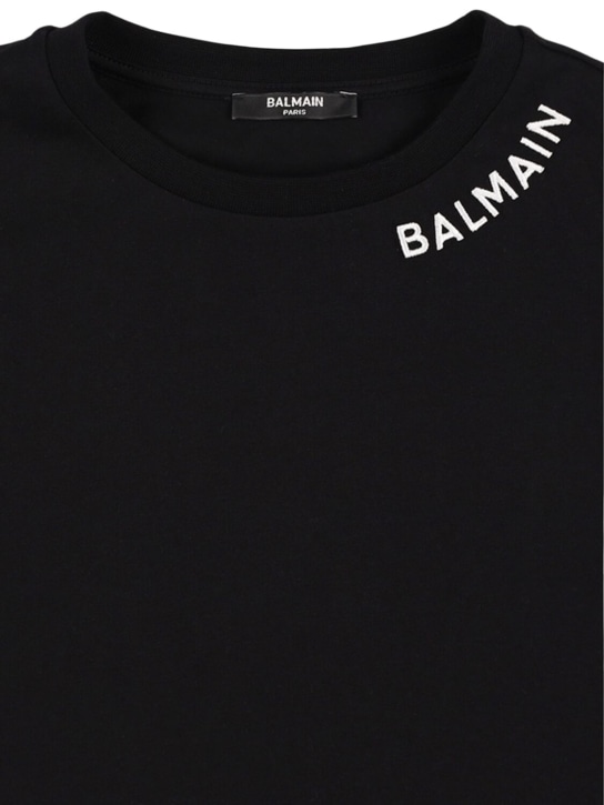 Balmain: Camiseta de jersey de algodón con logo - Negro/Blanco - kids-boys_1 | Luisa Via Roma