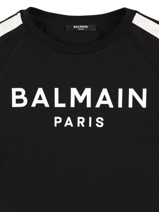 Balmain: Camiseta de jersey de algoón con bandas con logo - Negro/Blanco - kids-boys_1 | Luisa Via Roma