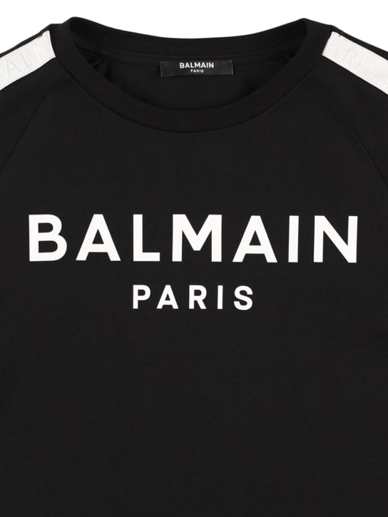 Balmain: T-shirt en jersey de coton avec bandes à logo - Noir/Blanc - kids-girls_1 | Luisa Via Roma