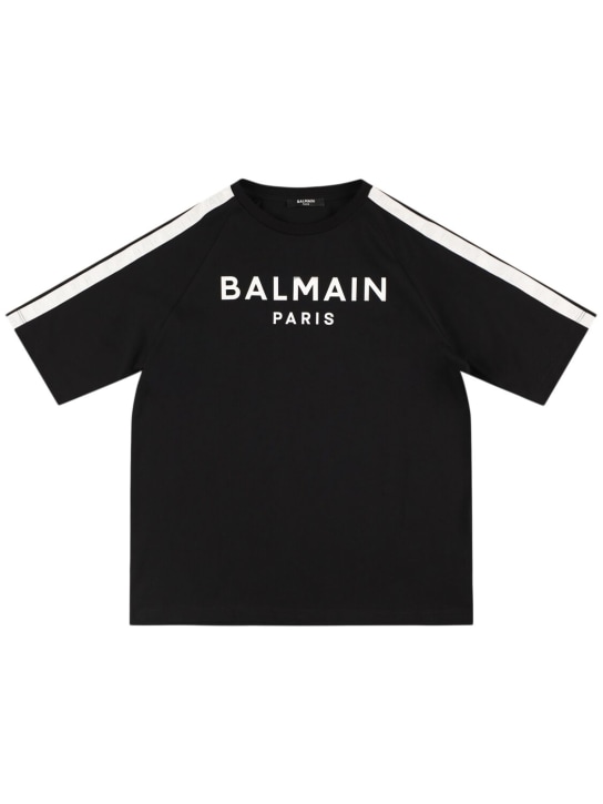 Balmain: Camiseta de jersey de algoón con bandas con logo - Negro/Blanco - kids-boys_0 | Luisa Via Roma