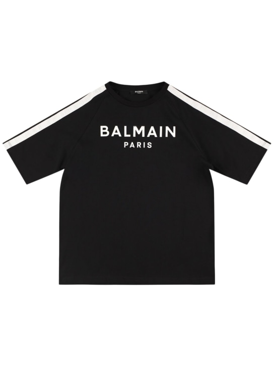 Balmain: T-shirt in jersey di cotone con logo - Nero/Bianco - kids-girls_0 | Luisa Via Roma