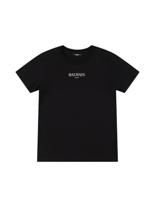 Balmain: Camiseta de jersey de algodón con logo - Negro/Blanco - kids-boys_0 | Luisa Via Roma