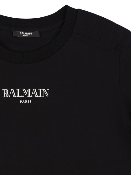 Balmain: Camiseta de jersey de algodón con logo - Negro/Blanco - kids-boys_1 | Luisa Via Roma