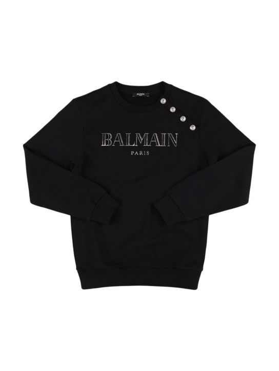 Balmain: Printed logo cotton crewneck sweatshirt - Black - kids-boys_0 | Luisa Via Roma