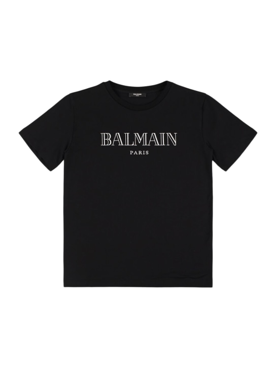 Balmain: Logo棉质平纹针织T恤 - 黑色 - kids-boys_0 | Luisa Via Roma
