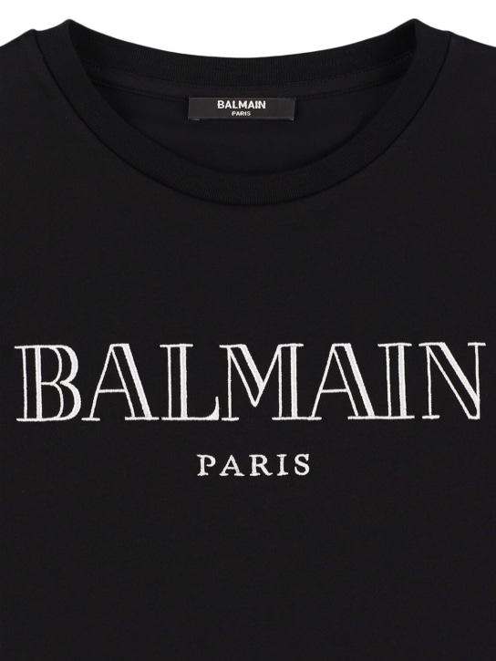 Balmain: Logo棉质平纹针织T恤 - 黑色 - kids-boys_1 | Luisa Via Roma