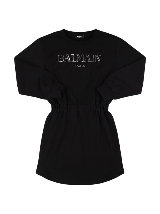 Balmain: Kleid aus Baumwollfleece mit Logodruck - Schwarz/Silber - kids-girls_0 | Luisa Via Roma