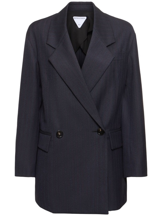 Bottega Veneta: Blazer en laine à rayures & ceinture - Noir/Bleu - women_0 | Luisa Via Roma