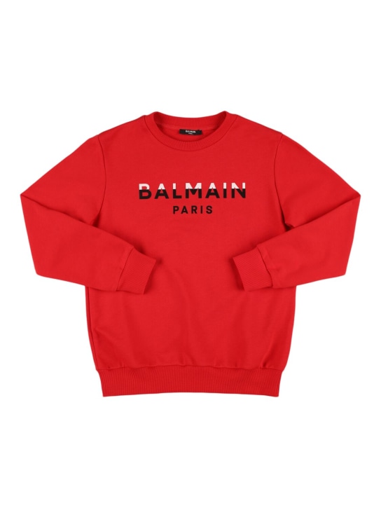 Balmain: Printed logo cotton crewneck sweatshirt - Red - kids-boys_0 | Luisa Via Roma