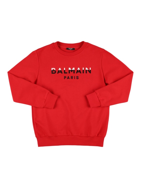 Balmain: Printed logo cotton crewneck sweatshirt - Red - kids-girls_0 | Luisa Via Roma