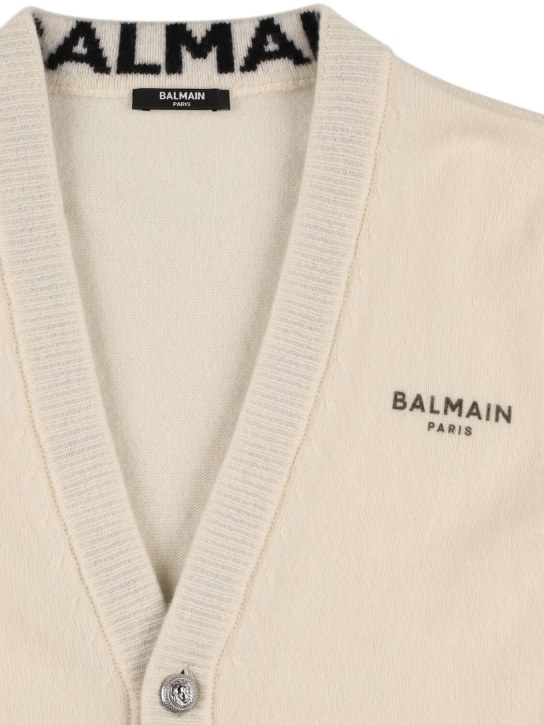 Balmain: Cardigan in maglia di misto lana - Bianco/Nero - kids-girls_1 | Luisa Via Roma