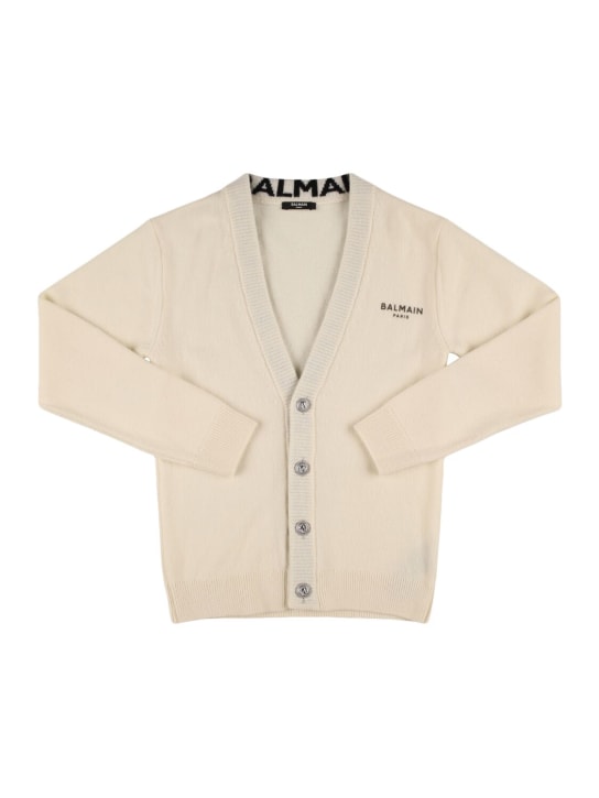 Balmain: Cardigan in maglia di misto lana - Bianco/Nero - kids-girls_0 | Luisa Via Roma