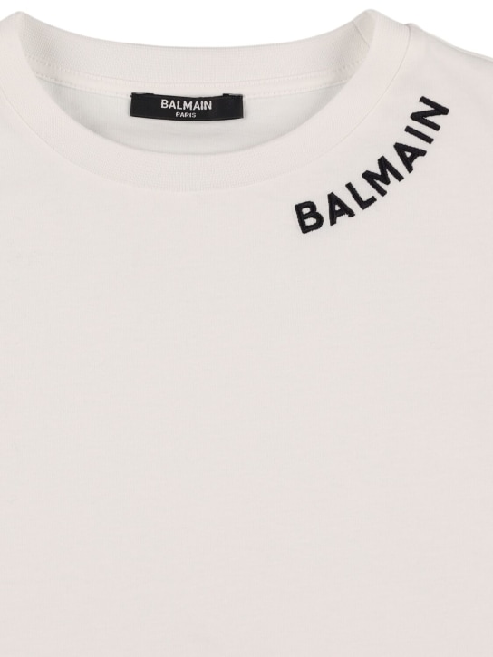 Balmain: Camiseta de jersey de algodón con logo - Blanco/Negro - kids-boys_1 | Luisa Via Roma