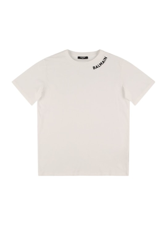 Balmain: Logo棉质平纹针织T恤 - 白色/黑色 - kids-boys_0 | Luisa Via Roma