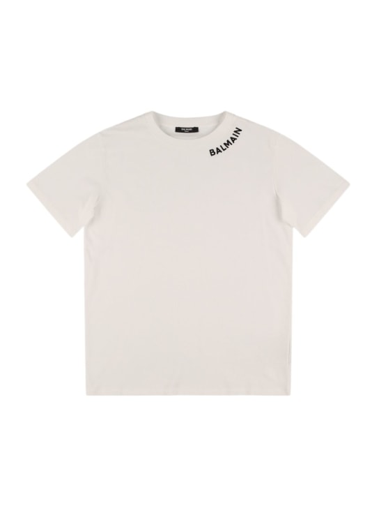 Balmain: T-shirt en jersey de coton à logo - Blanc/Noir - kids-boys_0 | Luisa Via Roma