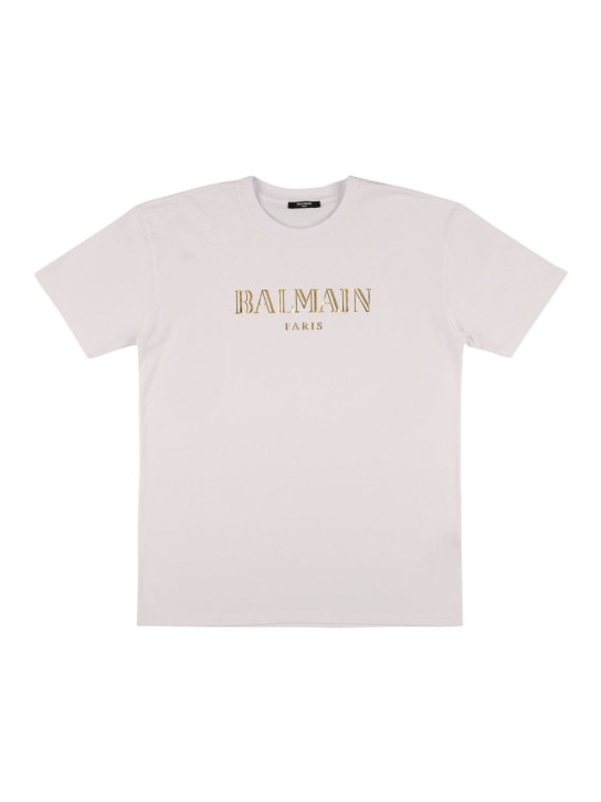 Balmain: Logo棉质平纹针织T恤 - 白色 - kids-boys_0 | Luisa Via Roma