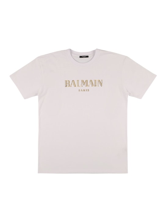 Balmain: Camiseta de jersey de algodón con logo - Blanco - kids-girls_0 | Luisa Via Roma