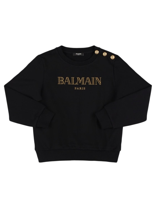 Balmain: Logo printed cotton sweatshirt - Black/Gold - kids-girls_0 | Luisa Via Roma