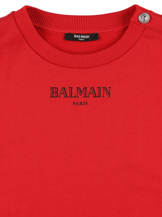Balmain: Printed logo cotton crewneck sweatshirt - Red/Black - kids-boys_1 | Luisa Via Roma