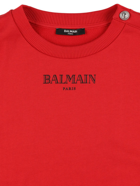 Balmain: 로고 프린티드 코튼 크루넥 스웻셔츠 - 레드/블랙 - kids-boys_1 | Luisa Via Roma