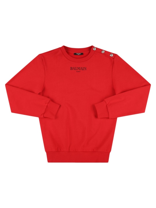 Balmain: Printed logo cotton crewneck sweatshirt - Red/Black - kids-boys_0 | Luisa Via Roma