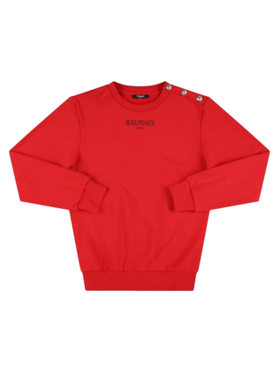 Balmain: Felpa girocollo in cotone con logo - Rosso/Nero - kids-girls_0 | Luisa Via Roma