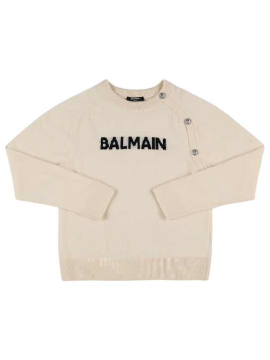 Balmain: Logo wool blend knit sweater - White/Black - kids-girls_0 | Luisa Via Roma