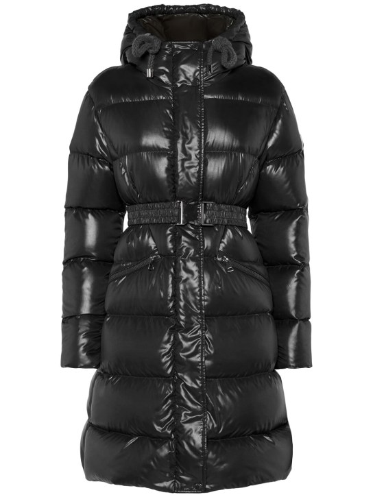 Moncler: Bellevue nylon laquè down long  jacket - Black - women_0 | Luisa Via Roma