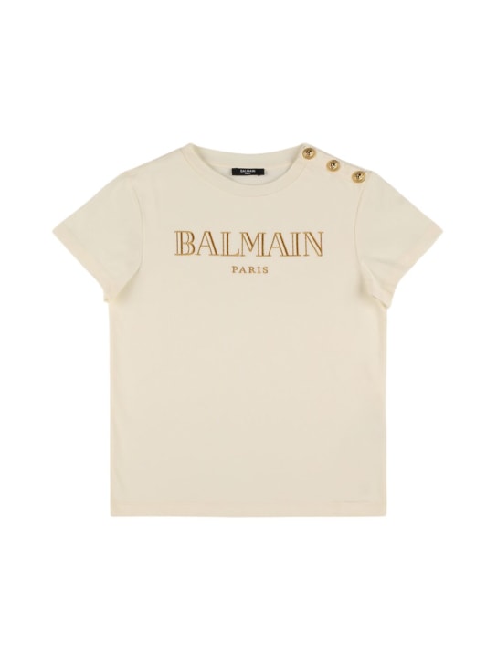 Balmain: Logo printed cotton jersey t-shirt - White/Gold - kids-girls_0 | Luisa Via Roma