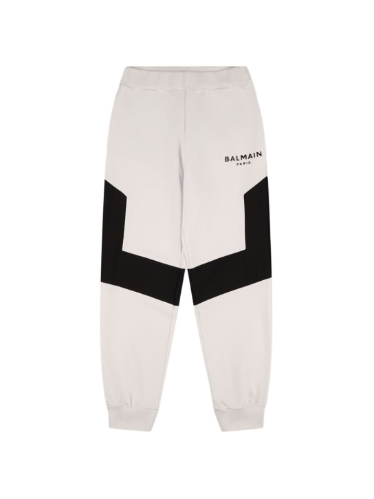 Balmain: Pantaloni in felpa di cotone con inserti in nylon - Bianco/Nero - kids-boys_0 | Luisa Via Roma