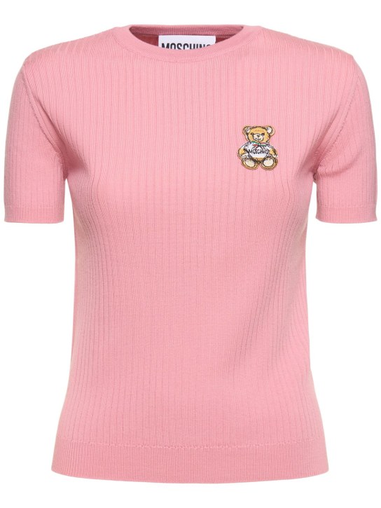 Moschino: Wool ribbed knit short sleeve top - Pembe - women_0 | Luisa Via Roma