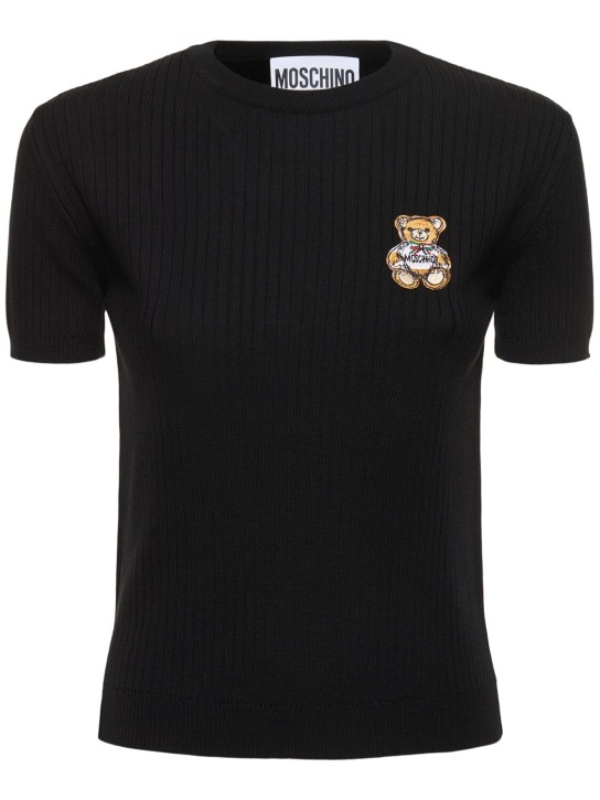 Moschino: Top a maniche corte in maglia di lana a costine - Nero - women_0 | Luisa Via Roma