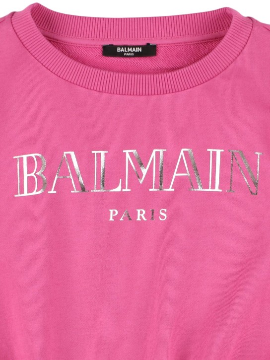 Balmain: Logo printed cotton sweatshirt dress - Fuchsia/Silver - kids-girls_1 | Luisa Via Roma