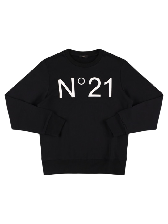 N°21: Sweat-shirt en coton imprimé à col rond - Noir - kids-boys_0 | Luisa Via Roma