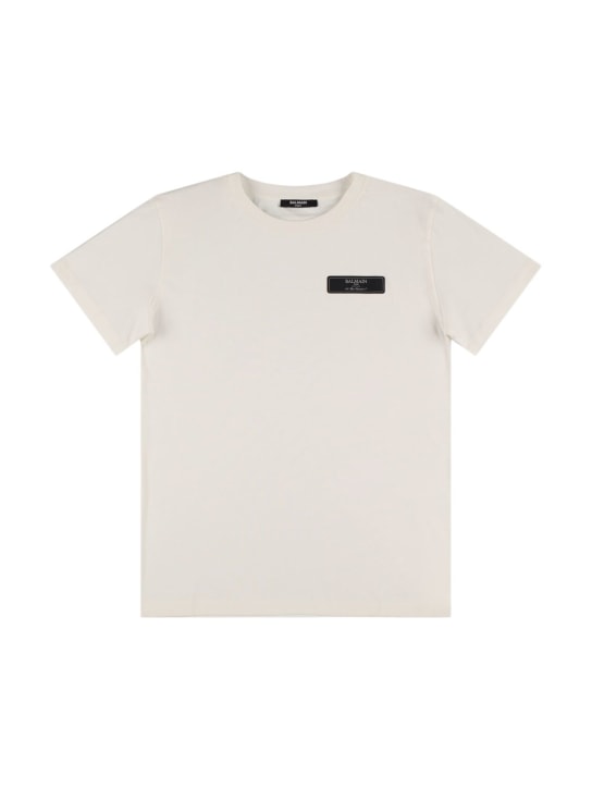 Balmain: Camiseta de jersey de algodón con logo - Off-White - kids-boys_0 | Luisa Via Roma