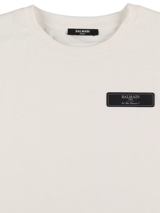 Balmain: Logo棉质平纹针织T恤 - 米白色 - kids-boys_1 | Luisa Via Roma