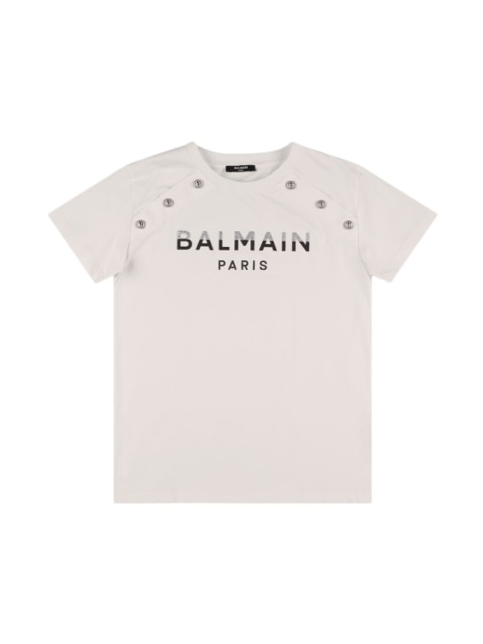 Balmain: T-Shirt aus Baumwolljersey mit Glitzer-Logo - Weiß - kids-girls_0 | Luisa Via Roma