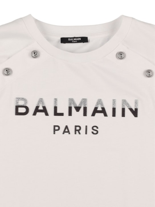 Balmain: T-Shirt aus Baumwolljersey mit Glitzer-Logo - Weiß - kids-girls_1 | Luisa Via Roma