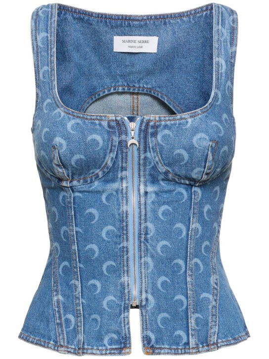 Marine Serre: Moon laser denim corset top - Light Blue - women_0 | Luisa Via Roma