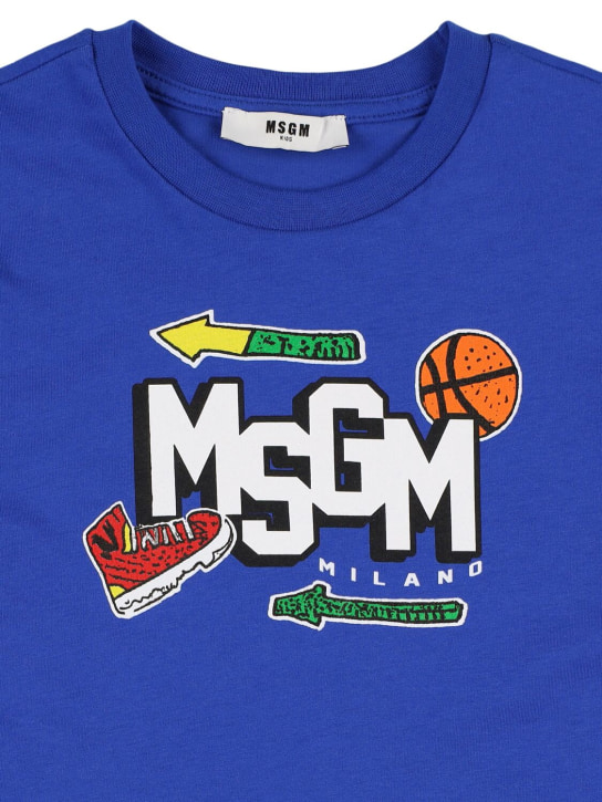 MSGM: T-shirt en jersey de coton imprimé - Bleu - kids-boys_1 | Luisa Via Roma