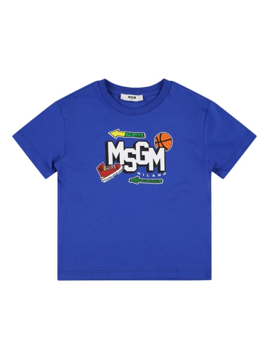 MSGM: T-shirt in jersey di cotone stampato - Blu - kids-boys_0 | Luisa Via Roma
