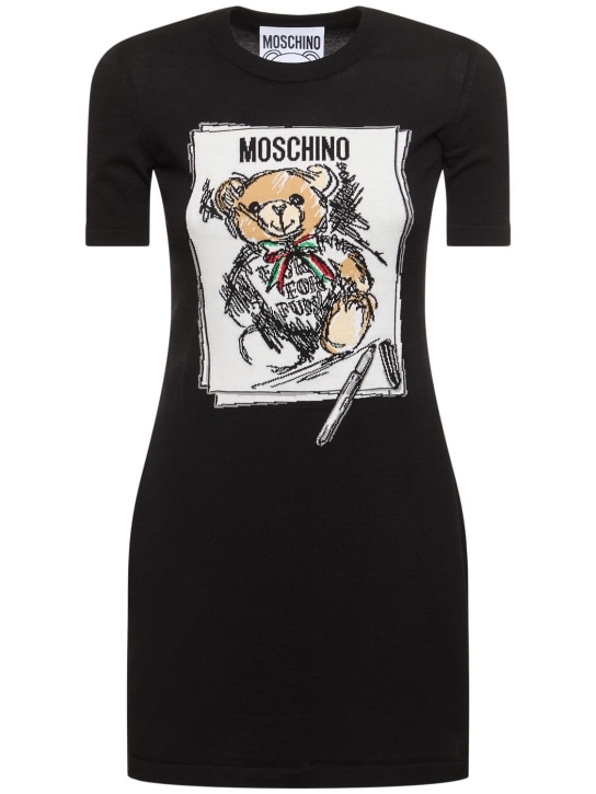 Moschino: Robe courte en maille de coton imprimé - Noir - women_0 | Luisa Via Roma