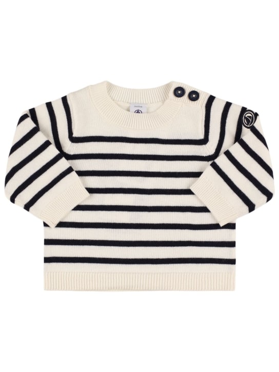 Petit Bateau: Cotton & wool knit sweater - White/Blue - kids-boys_0 | Luisa Via Roma