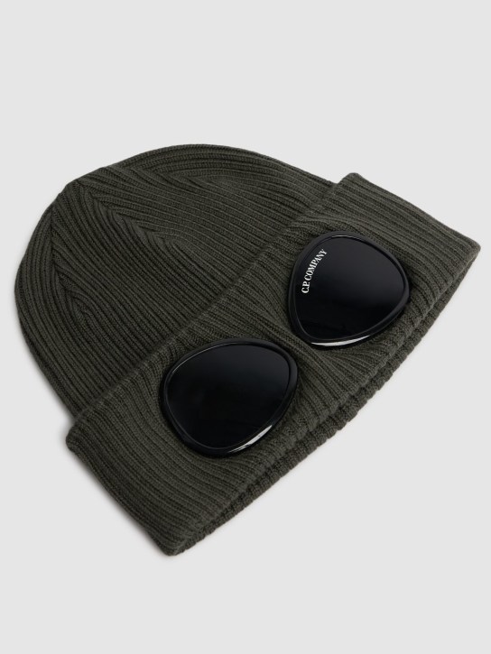 C.P. Company: Wool rib knit beanie w/goggles - Dark Green - kids-boys_1 | Luisa Via Roma