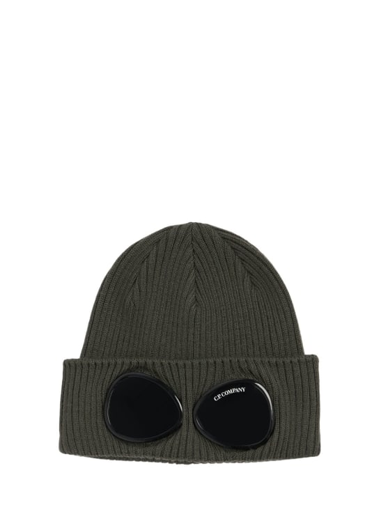 C.P. Company: Cappello beanie in lana a costine / lenti - Verde Scuro - kids-boys_0 | Luisa Via Roma