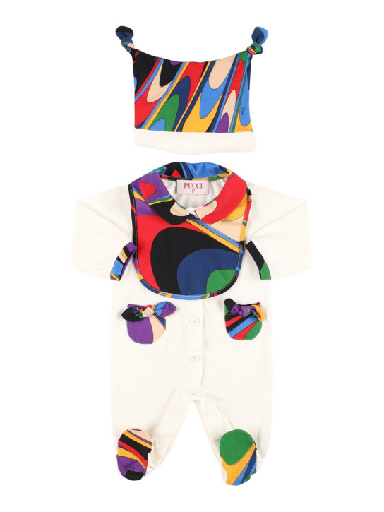 Pucci: Printed cotton jersey romper, bib & hat - White/Multi - kids-girls_0 | Luisa Via Roma