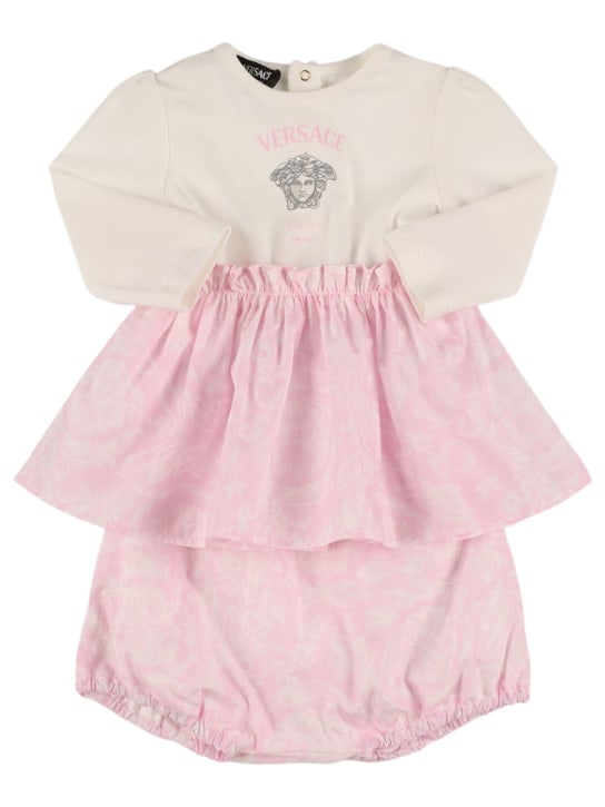 Versace: Cotton jersey dress & diaper cover - White/Pink - kids-girls_0 | Luisa Via Roma