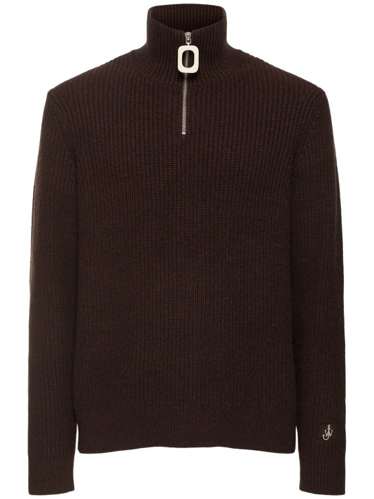 JW Anderson: Pull-over à demi-zippé en coton mélangé Jwa - Chocolat - men_0 | Luisa Via Roma